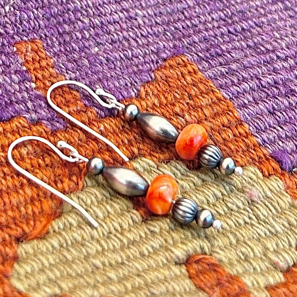 Earrings Navajo Pearls, Orange Spiny Oyster, Southwestern style sterling silver